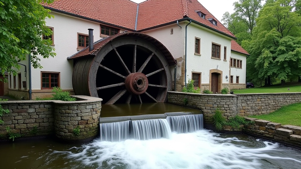 Schematické znázornění funkce stavidla — zvýšená hladina vody a tok přes mlýnské kolo