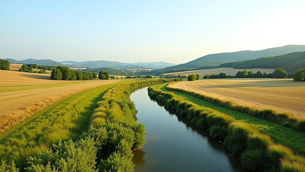 Panoramata krajiny kolem kanálu, rozlehlé pole a vzdálené kopce, přírodní scenérie